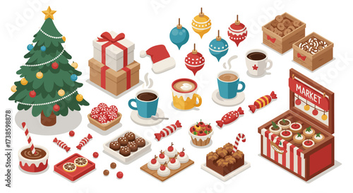 Festive holiday market with christmas decorations, drinks, and sweets in isom…