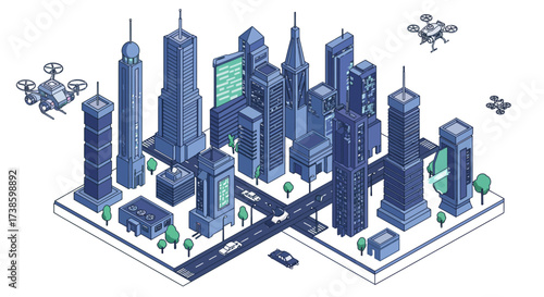 Futuristic isometric cityscape with drones and skyscrapers