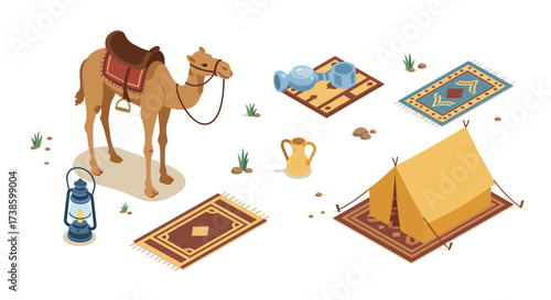 Desert camp setup with camel, tent, and decorative rugs in isometric style