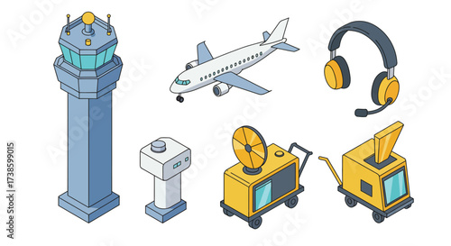 Isometric aviation set with airplane, control tower, headset, and equipment