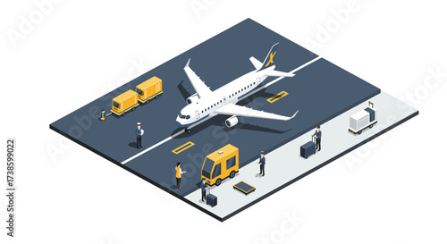 Isometric airport scene with airplane and ground crew