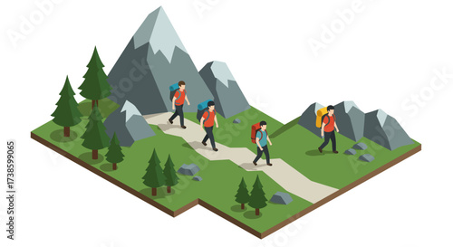 Isometric hiking adventure through mountain trail with backpackers and nature…