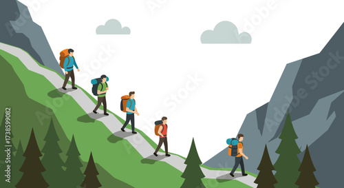 Group of hikers trekking on mountain path in flat design landscape