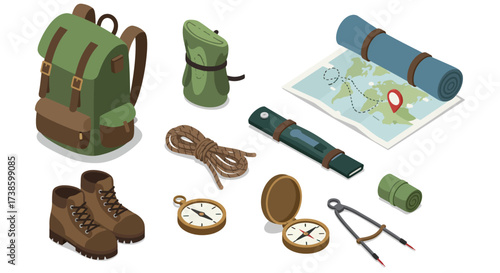 Isometric camping gear set with backpack, compass, hiking boots, and map