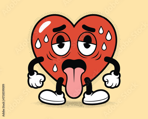Exhausted cartoon heart character sweating