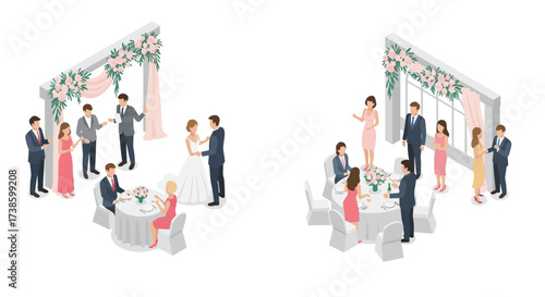 Elegant isometric wedding reception scenes with guests and floral decorations