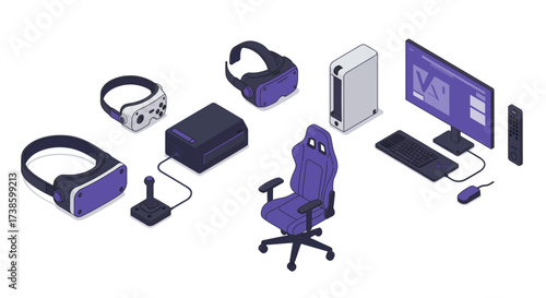 Isometric gaming setup with vr headsets and console in purple and white