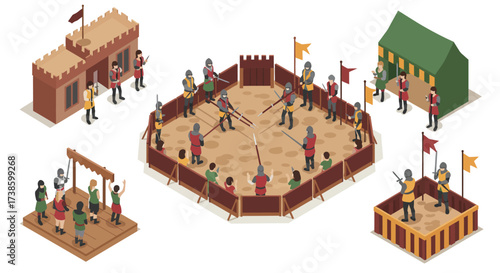 Medieval tournament scene with knights and spectators in isometric style
