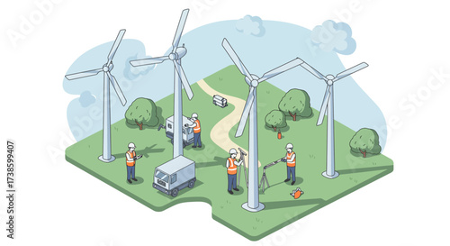 Isometric scene of engineers working on wind turbines in a green landscape