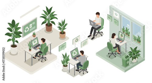 Eco-friendly office design concept with isometric green workspace inspiration