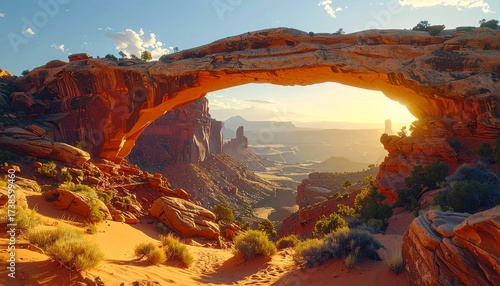 Towering ancient stone arches in remote canyons, surreal and bold adventure DESIGN vision. 