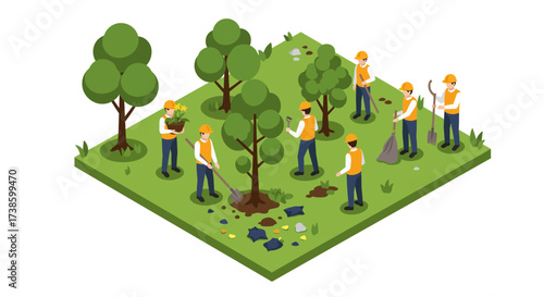 Isometric scene of workers planting trees and collecting trash in a park