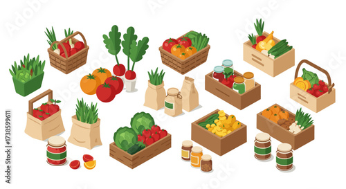 Fresh organic vegetables and groceries in isometric style baskets and boxes