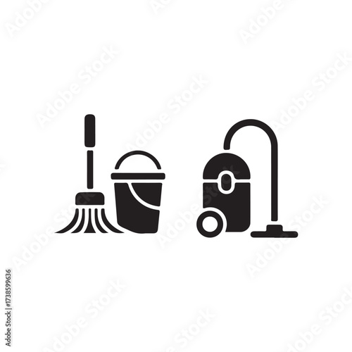 Cleaning tools illustration showing a broom bucket and vacuum cleaner
