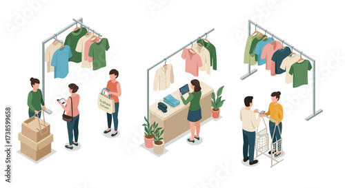 Modern isometric shopping experience with online and in-store interactions