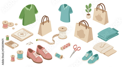 Isometric clothing and fashion accessories with sewing tools on white background