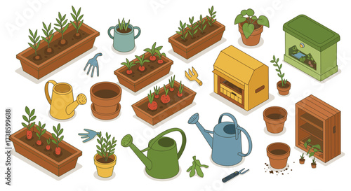 Isometric gardening elements with seedlings, tools, watering cans, and planters