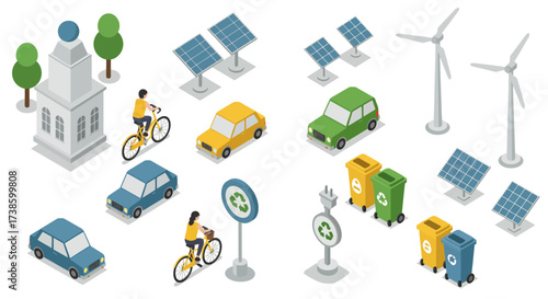 Isometric eco-friendly city with solar panels, wind turbines, and sustainable…