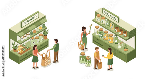 Isometric zero waste store scene with eco-friendly shopping and sustainabilit…