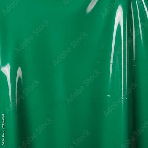 Glossy green latex fabric background with smooth, reflective texture and subtle folds. The surface gleams under light, creating a vibrant, futuristic, and high-contrast visual. Ideal for fashion