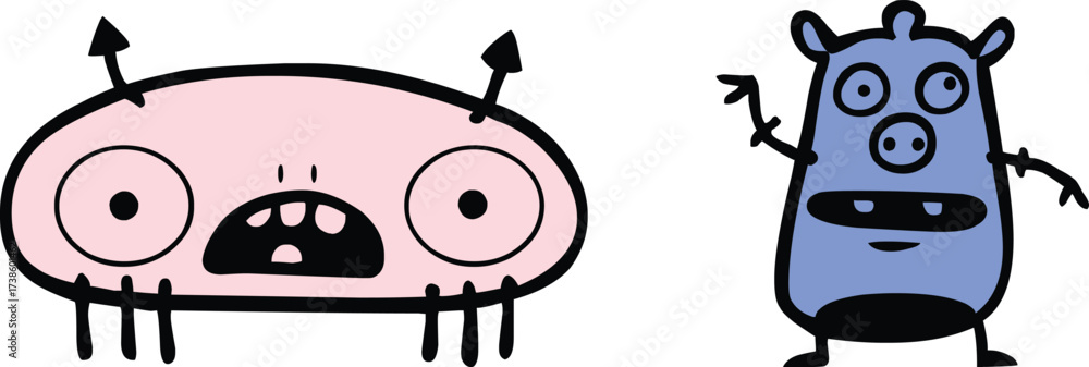 Obraz premium Cute Cartoon Alien and Monster Vector Doodles: Funny Creature Design Elements