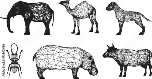 Wireframe Animals Vector Set: Low Poly Elephant, Camel, Hippo, and Polygonal Wildlife Art