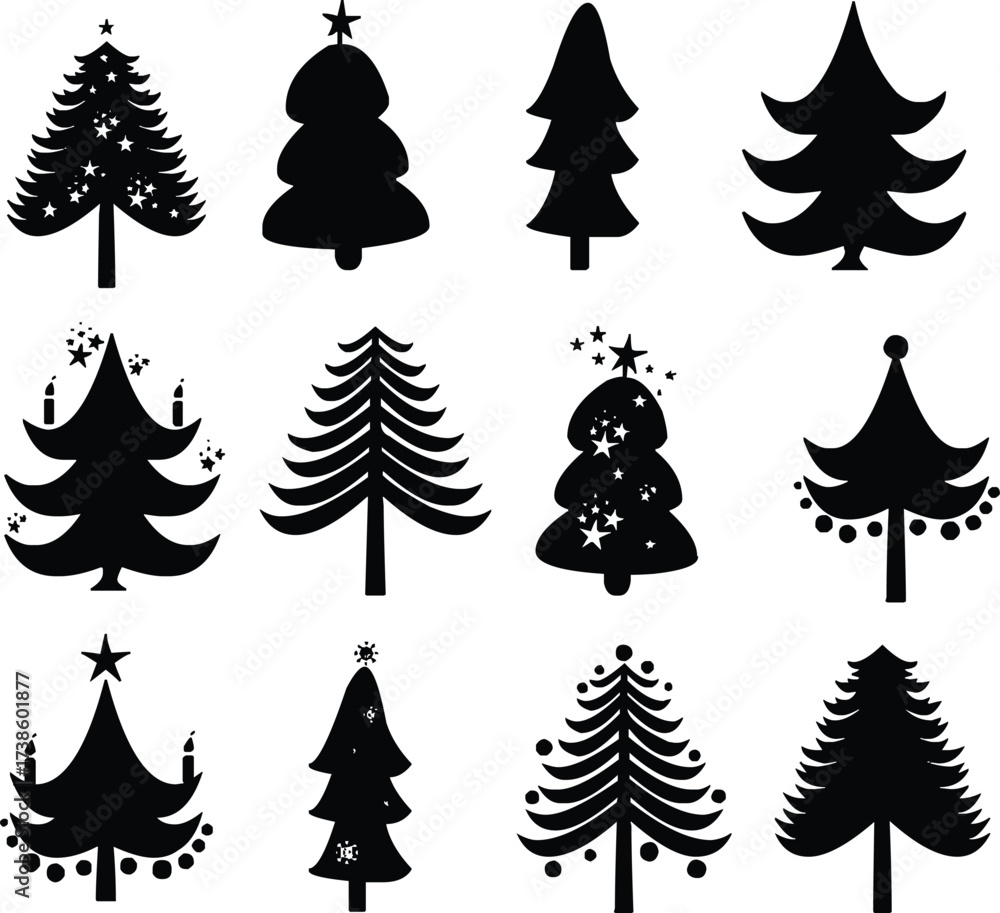 Obraz premium Stylized Christmas Tree and Gift Box Silhouettes: Holiday Celebration Vector Design Icons