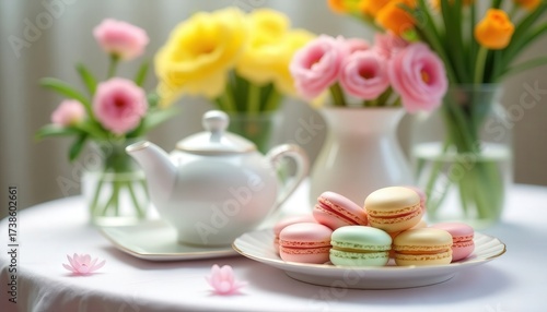 Elegant afternoon tea with flowers, tea, and colorful macarons beside a bright window in a cozy setting