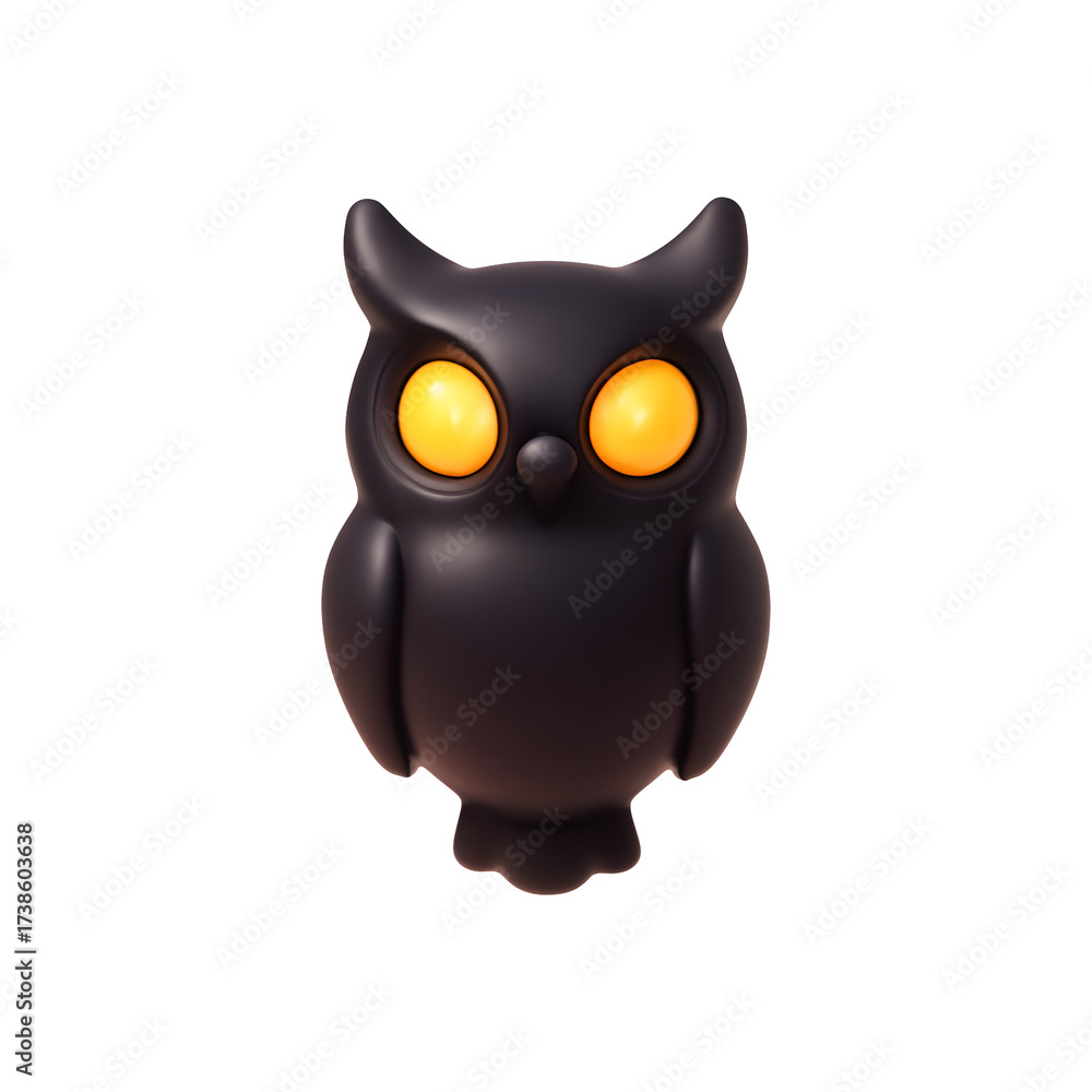 Fototapeta premium A stylized black owl with glowing yellow eyes on a transparent background in a cartoon style