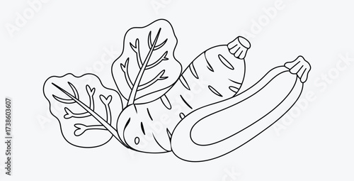 Outlined fresh vegetables assortment with carrot zucchini and spinach leaves