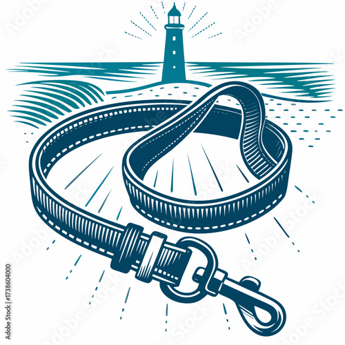 Dog leash with lighthouse in background and wave patterns  