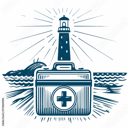 First aid kit in front of lighthouse with ocean waves in background  