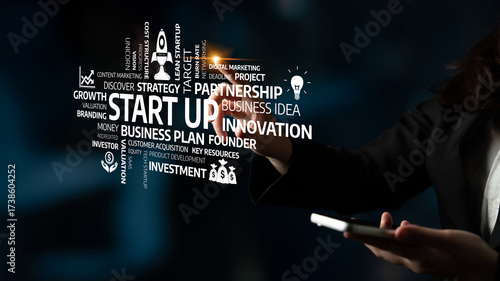 A businessperson interacting with visual representations of start-up concepts showcasing innovation and investment ideas for aspiring entrepreneurs and corporate strategists. Tessel