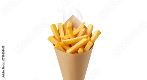 A tall paper cone filled with thick-cut, golden-brown french fries, lightly salted and steaming slightly, placed at the bottom center of the frame. A few fries spill out naturally near the base.