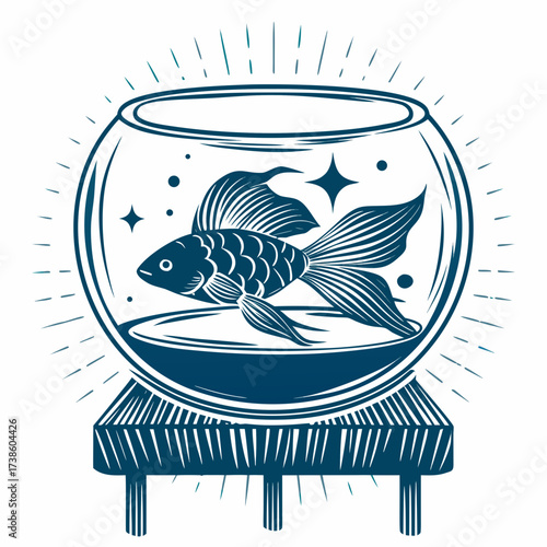 Goldfish swimming in a round aquarium on a wooden stand  