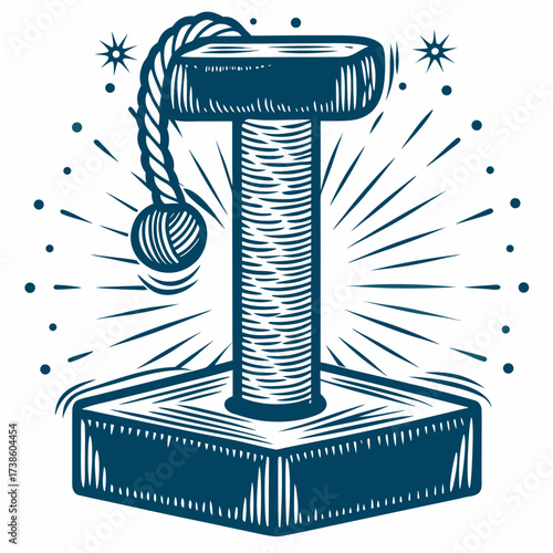 Heavy hammer and anvil with striking design in blue ink illustration  