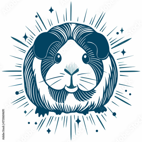Cute guinea pig illustration with decorative starburst design  