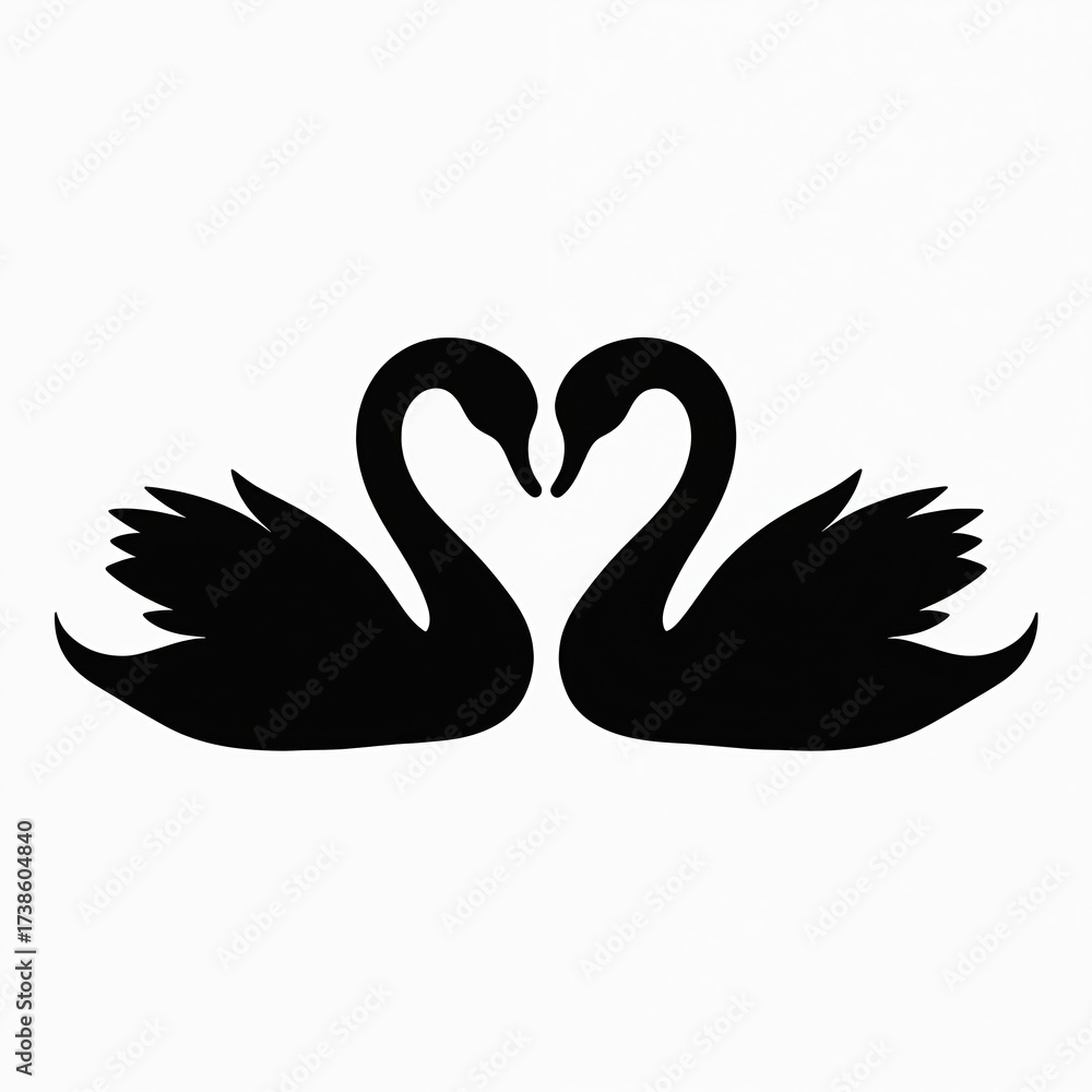 Fototapeta premium Two black swan silhouettes form heart shape with elegant necks. Animal couple deep love, romance, togetherness. Classic symbol for weddings, Valentines Day, lasting partnerships, on white.