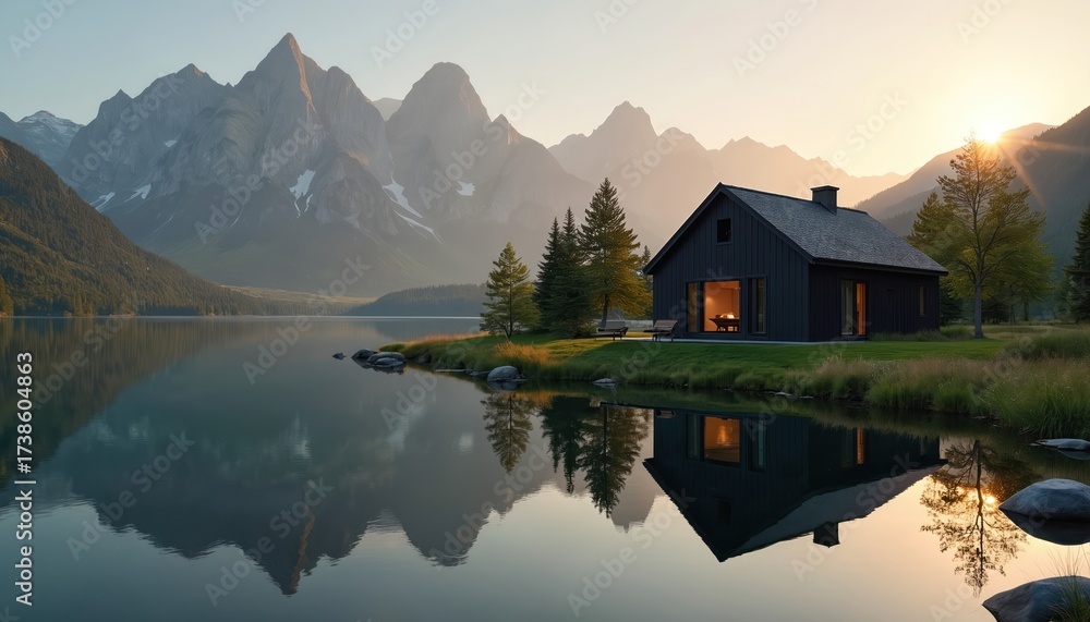 Fototapeta premium Modern black house by tranquil lake reflects in water at sunset. Majestic mountains rise in background, framed by evergreen trees. Golden light creates warm, peaceful scene. Ideal for luxury travel,