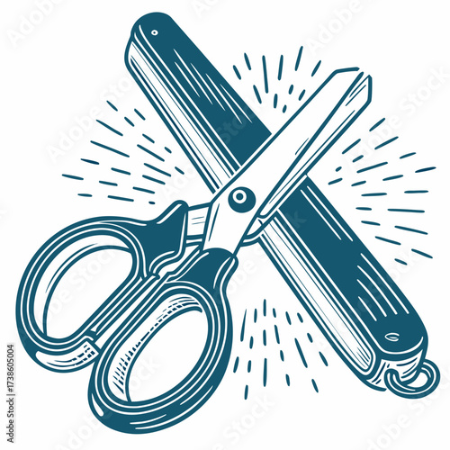 Vintage scissors and straight razor crossed with decorative rays  