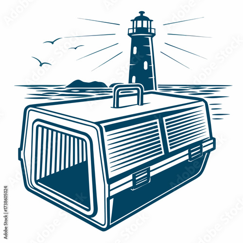 Pet carrier with lighthouse and ocean background in vintage style  