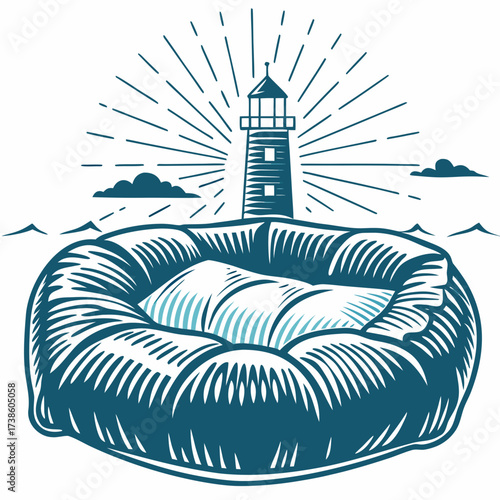 Cozy dog bed with lighthouse and ocean waves in blue illustration  