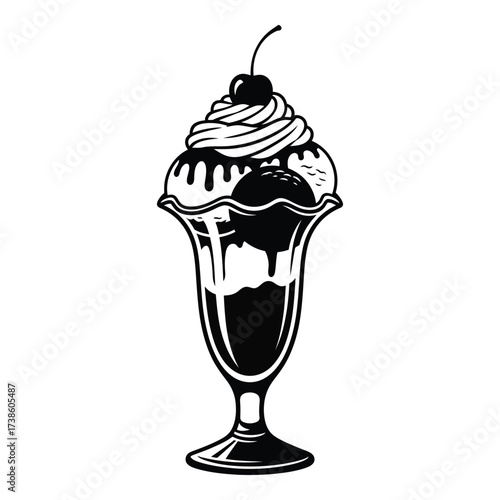 Classic ice cream sundae with cherry whipped cream and drizzle detailed retro style silhouette