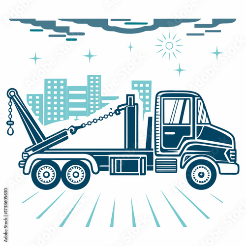 Tow truck illustration against urban skyline with blue accents  