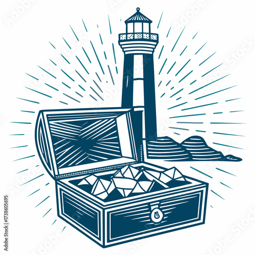 Treasure chest overflowing with gems near lighthouse by ocean  