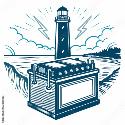 Lighthouse and battery graphic illustration with ocean background  