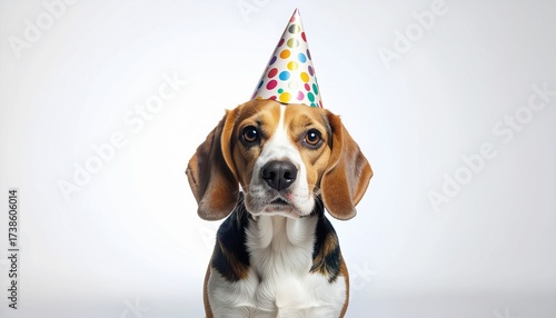 A funny portrait of a beagle dog with a sad or serious expression wearing a colorful party hat. A humorous take on a pet's birthday celebration.