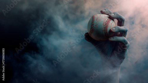 A zombie holding a baseball in his hand, on a dark and spooky Halloween background