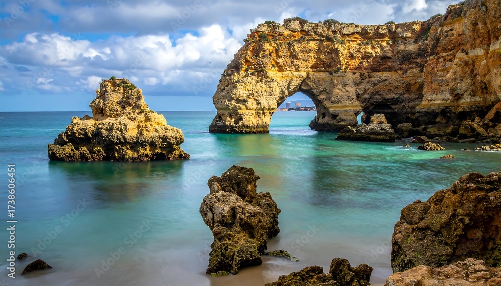 Fototapeta premium Coastal scene showing rock formations, a natural arch, and turquoise waters under a partly cloudy sky. Distant structures visible