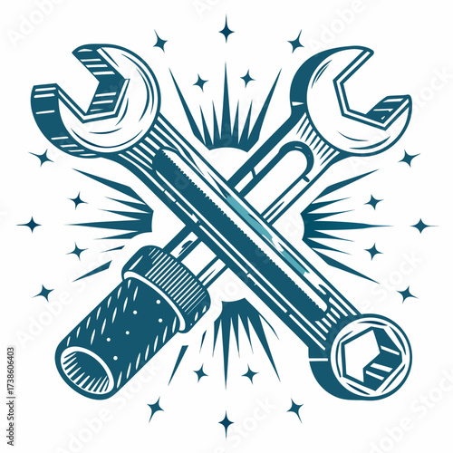Wrenches crossed in vintage illustration style with starburst background -  